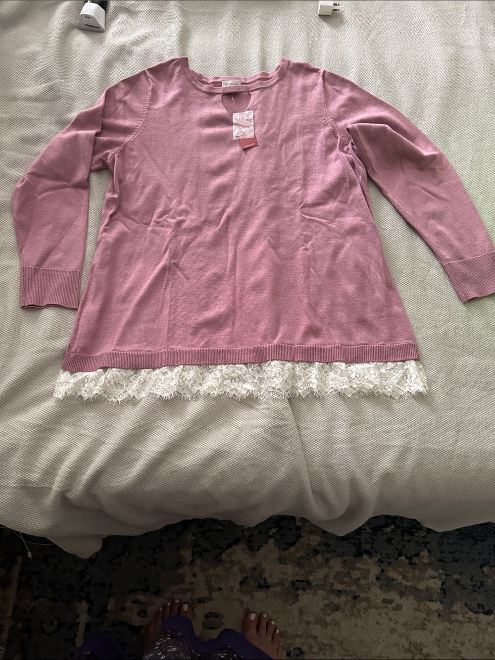 Avenue Pink Crewneck Sweater with Lace Hem